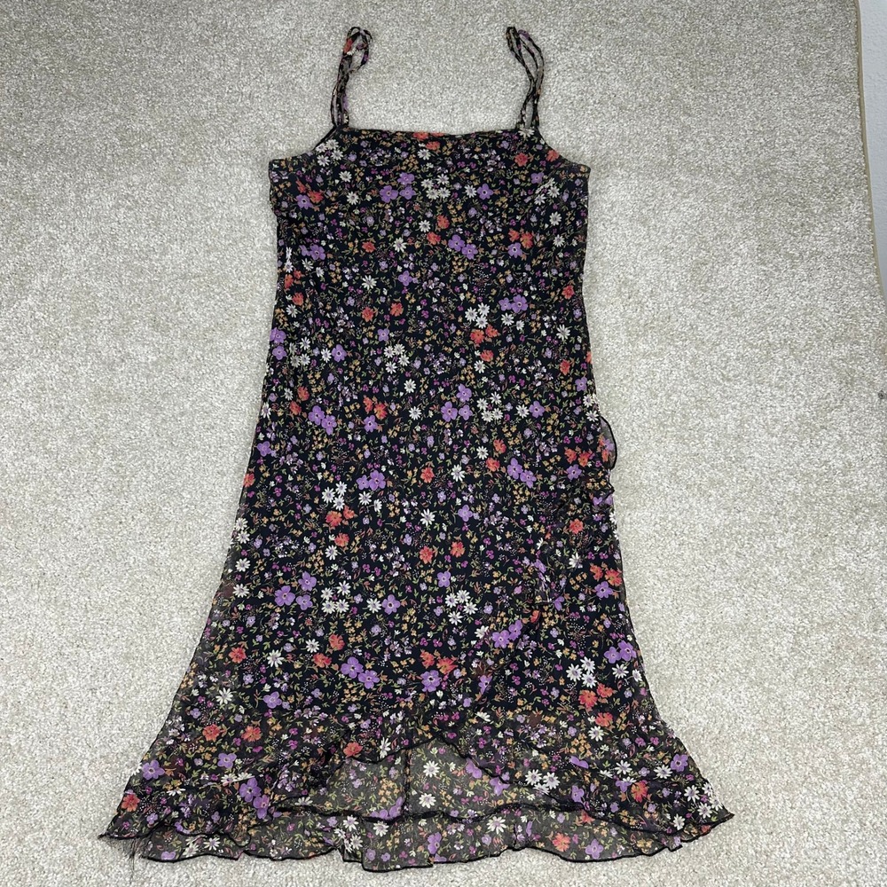 City Triangles Vintage 90s Floral Chiffon Ruffle Midi Dress Black Purple Size 11
